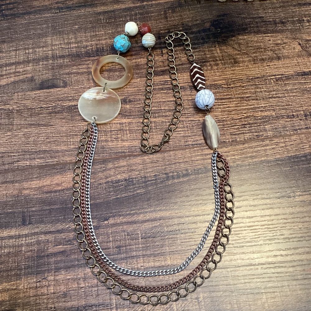 Bohemian Style Layered Necklace Mixed Metal Chains‎ Faux Amber Turquoise Beads
